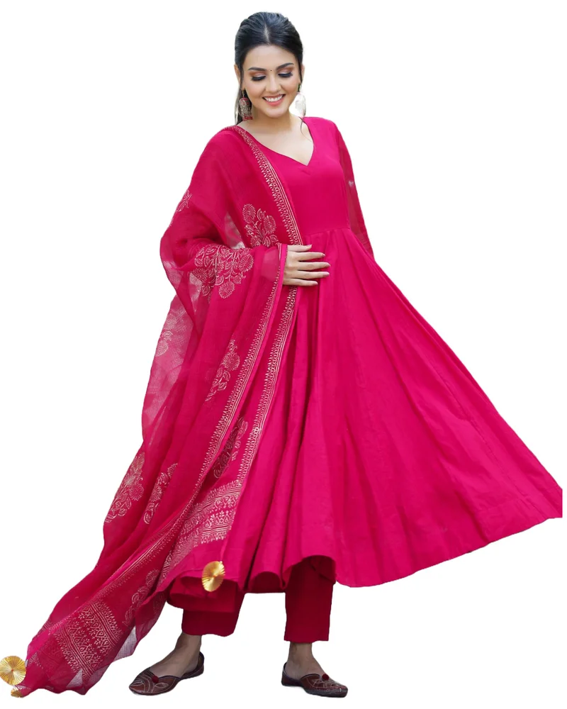 جو سريكي مزيج قطن نسائي من GoSriKi كورتا أناركلي صلب مع بنطال ودوباتا (MAGIC-PINK-GS_M_Pink_Medium)